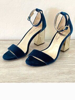 Lilly Pulitzer Sandals Heels Amber Lynn Blue Teal Velvet Gold Heel Size 6